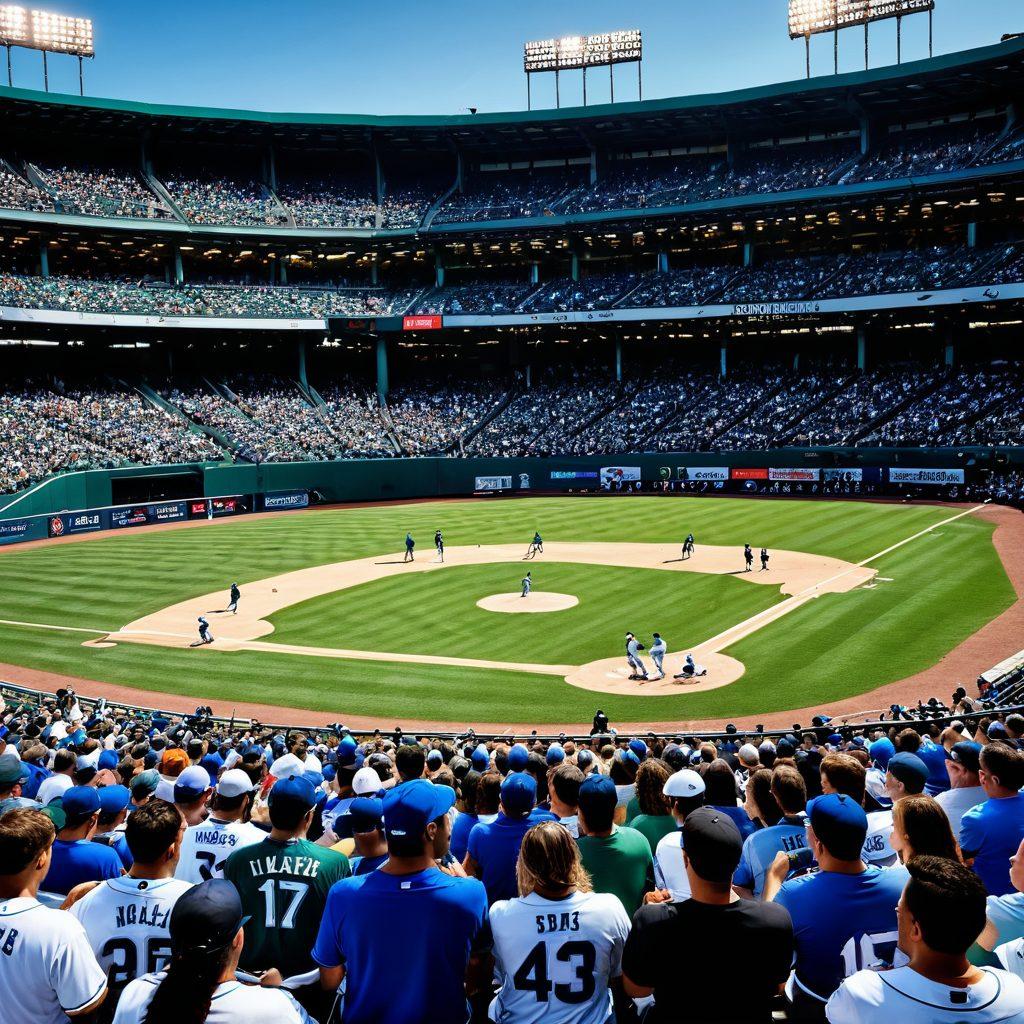 A dynamic baseball scene showcasing a diverse group of fans and players engaged in the game, surrounded by a digital screen displaying insightful stats and analytics. Include elements like a scoreboard, vibrant baseball gear, and an energetic atmosphere with cheering crowd. Bright blues and greens dominate the color palette, symbolizing the grass and sky. Capture the essence of community and enthusiasm in baseball. super-realistic. vibrant colors. sports-themed.