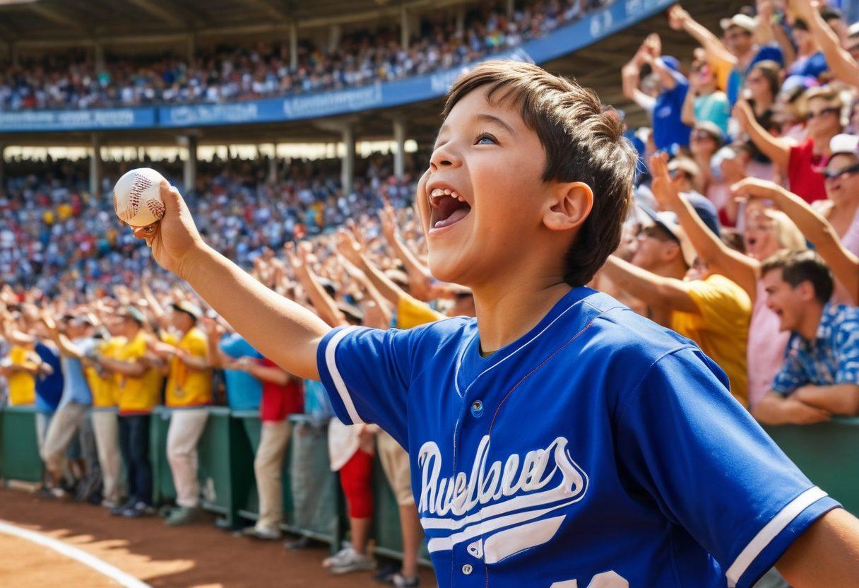 A vibrant scene of a diverse group of baseball fans wearing colorful jerseys, cheering in a stadium filled with banners and flags. In the foreground, a young boy is catching a foul ball with excitement, while players interact with fans in the background, showcasing camaraderie. Envision a sunny day with bright blue skies and lively atmosphere around the baseball field. super-realistic. vibrant colors. 3D.